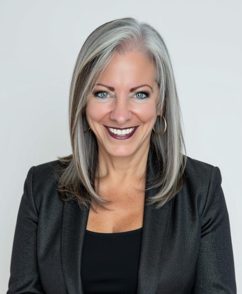 Smiling professional woman with gray hair in a black blazer.
